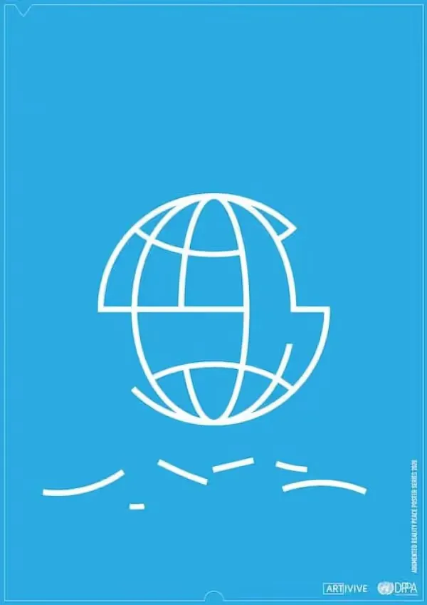 White outline of a globe with an arrow circling it on a blue background.