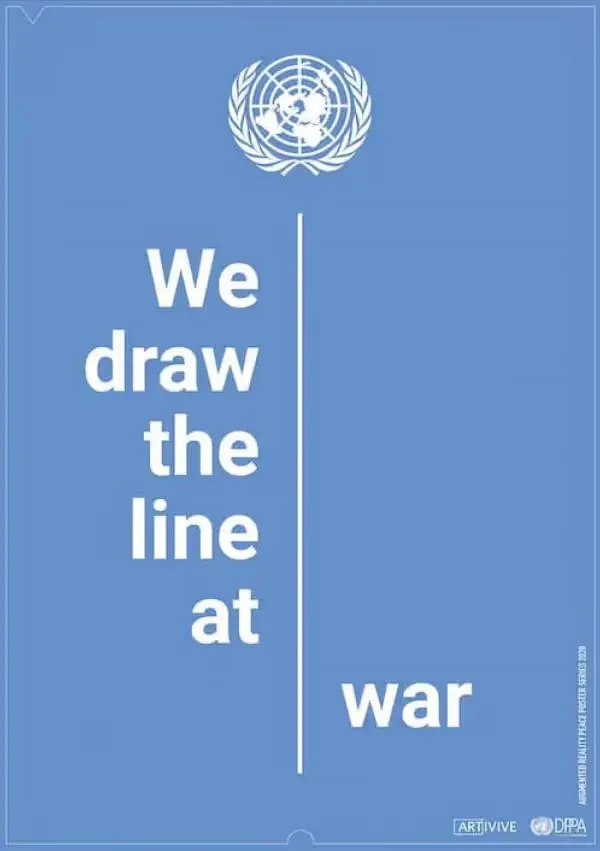 Blue poster with white United Nations emblem and the text 'We draw the line at war' separated by a vertical white line.