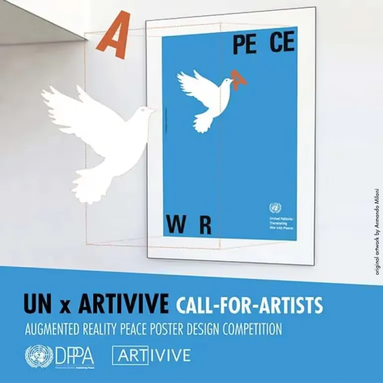 UN x Artivive call for artists: a peace poster on a wall with a dove flying out of it in AR, peace poster design competition