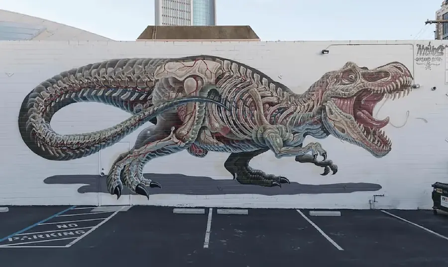 The T-Rex mural in a phone browser, with the Artivive logo repeated across it as a watermark